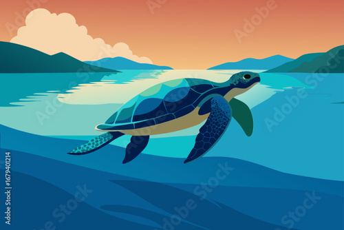 Stylized illustration of a sea turtle swimming in the ocean at sunset with distant islands and clouds