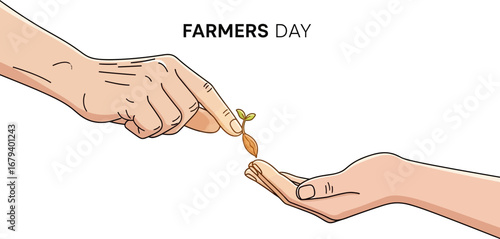 symbolic representation of nurturing and growth through hands exchanging a seedling for future