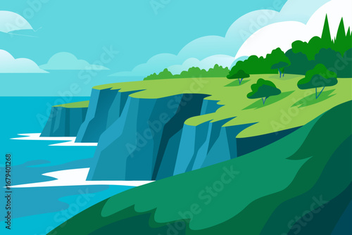 Stylized illustration of a dramatic coastline with sheer cliffs rolling green hills and trees under a bright blue sky with fluffy clouds