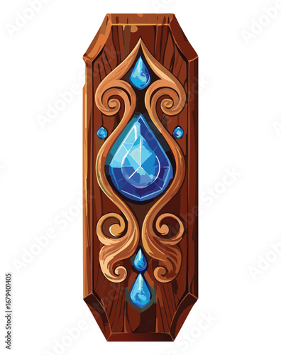 A vertical wooden plaque with an intricate golden frame and a large, glowing blue teardrop-shaped jewel at the top