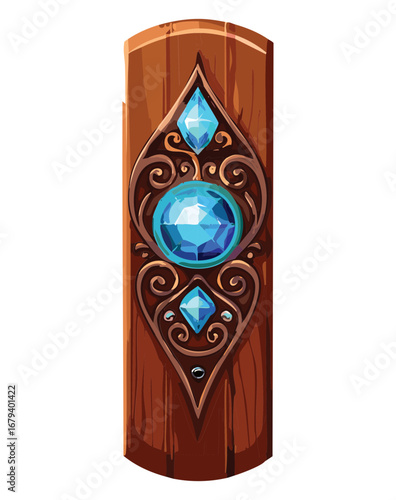 A long vertical wooden plaque with three distinct blue jewels and golden decorative elements, suitable for a menu or banner