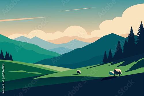 Serene mountain landscape with rolling green hills silhouetted pine trees and grazing sheep under a pastel sky