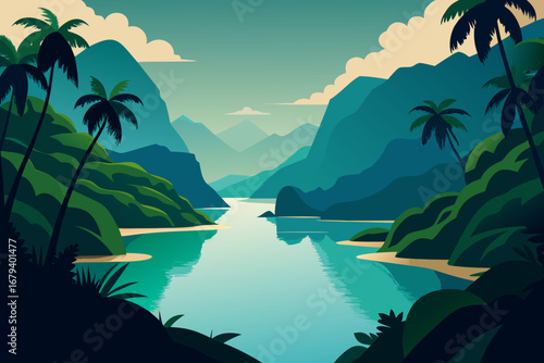 Serene tropical bay with lush green mountains and palm trees reflecting in calm turquoise water