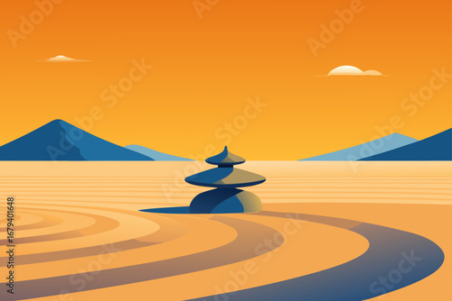 Serene japanese zen garden with stacked stones and raked sand under an orange sunset sky