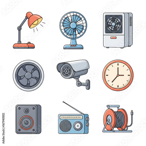 Set of household appliances and electronic devices, including a desk lamp, fan, clock, security camera, speaker, radio, and extension cord reel