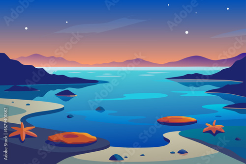 Tranquil coastal landscape at twilight with calm blue water distant mountains and a vibrant orange and purple sky