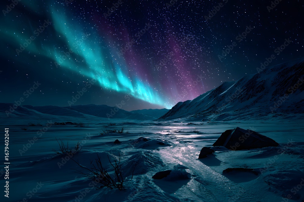 Naklejka premium Farbintensive Polarlichter über verschneiten Bergen 