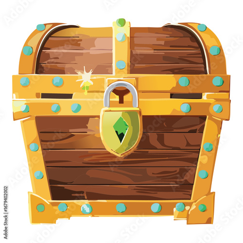 Ornate treasure chest with a large green gem, a high-value prize for a mobile puzzle Game