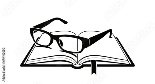Vector art of black and white illustration of eyeglasses resting on an open book