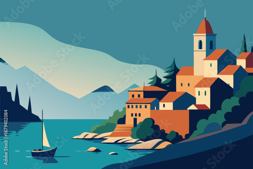 Serene coastal village with a sailboat on the water and mountains in the background