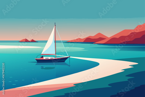Sailboat glides across calm turquoise water near a sandy beach with red mountains in the background