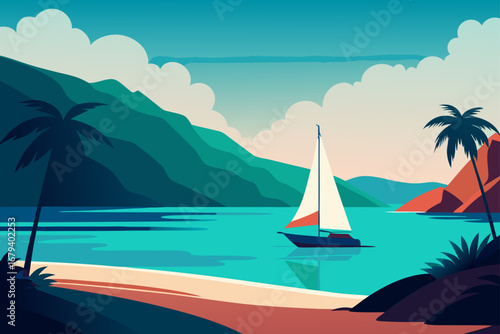 Serene tropical bay with a sailboat gliding on turquoise water framed by palm trees and lush green mountains under a cloudy sky