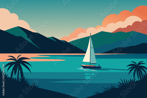 Stylized sailboat glides across a tranquil turquoise bay with lush green mountains and colorful clouds at sunset