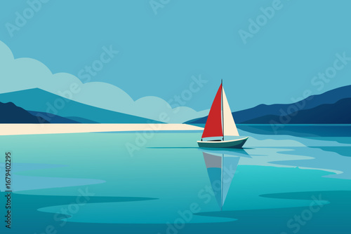A stylized illustration of a sailboat with red and white sails gliding across a calm turquoise lake with distant mountains and a sandy shore