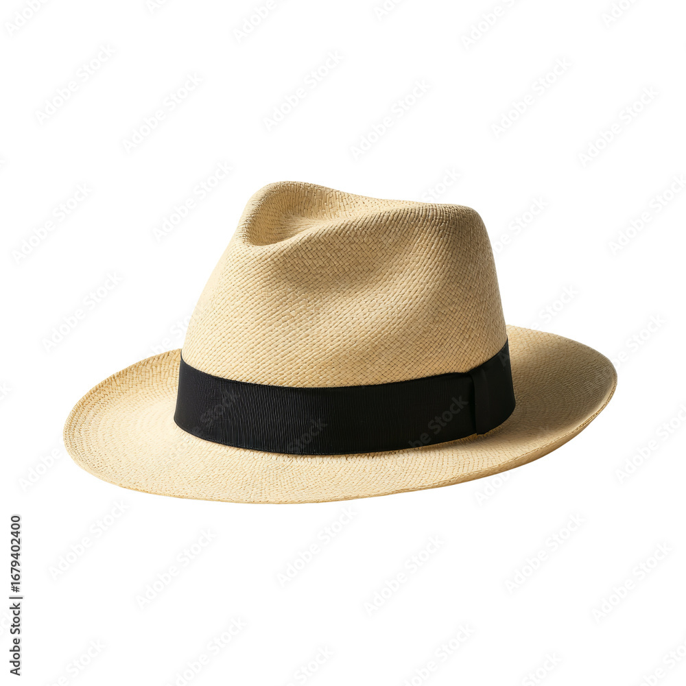 Elegant straw fedora with classic design, sophisticated style on transparent isolated background Elegant straw fedora with classic design, sophisticated style on transparent isolated background