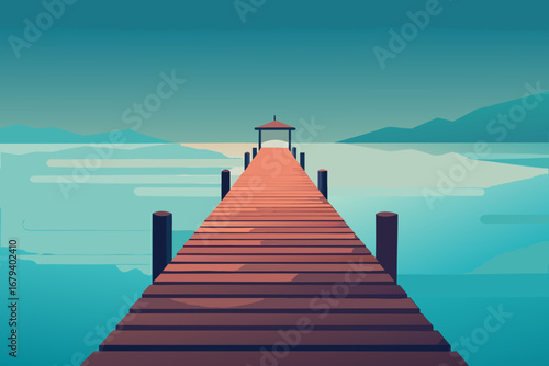 A wooden pier extends into a serene turquoise lake with distant mountains under a clear sky