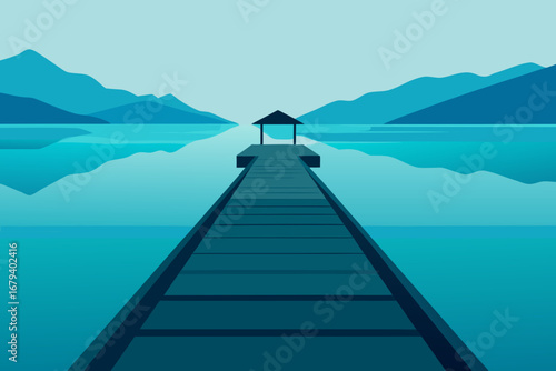 Serene minimalist landscape with a wooden pier extending into a calm turquoise lake towards distant blue mountains under a clear sky
