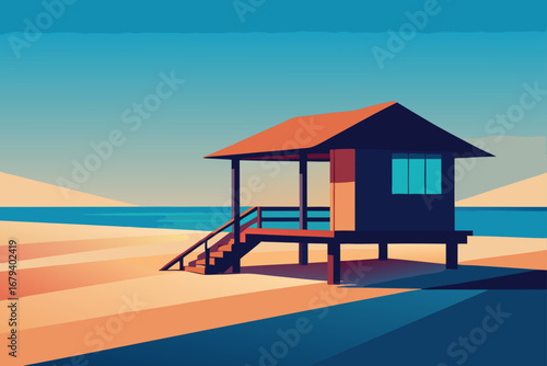 Minimalist illustration of a dark blue lifeguard tower with an orange roof on a sandy beach with the ocean and sky in the background