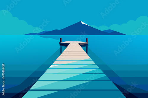 Minimalist flat design of a wooden pier extending into a calm blue ocean with distant mountains and clouds