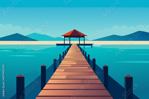 Idyllic tropical island scene with a wooden pier leading to a gazebo over turquoise water and distant mountains under a clear blue sky