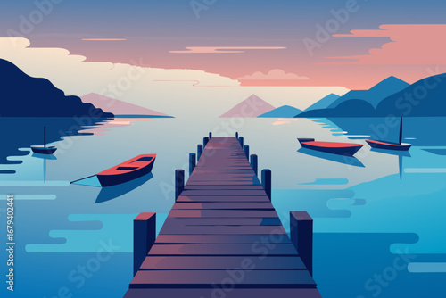 Tranquil lake scene with a wooden pier and boats at sunset with colorful clouds and distant mountains