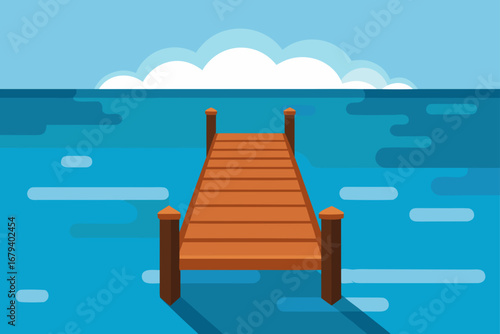 A wooden pier extends into a calm blue ocean under a bright sky with fluffy white clouds