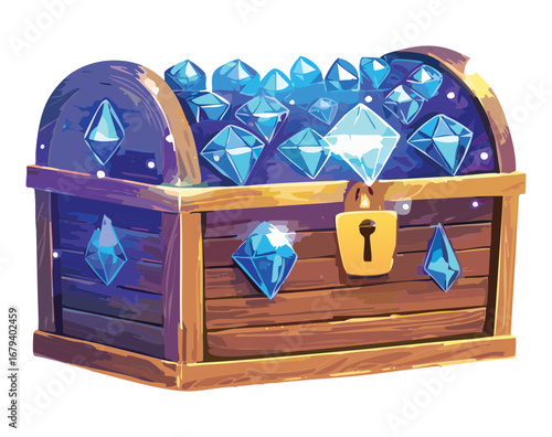 Wooden treasure chest with a blue key, a classic loot box asset for a casual mobile Game