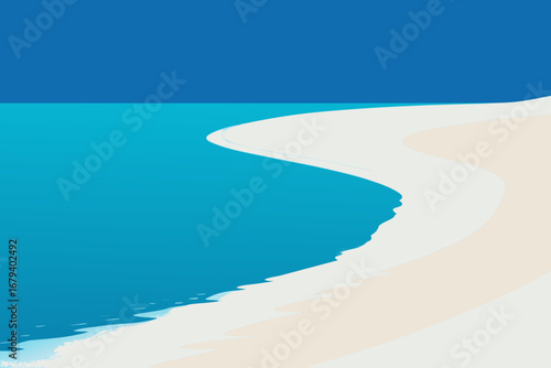 Stylized minimalist illustration of a serene ocean meeting a curving sandy beach under a clear blue sky