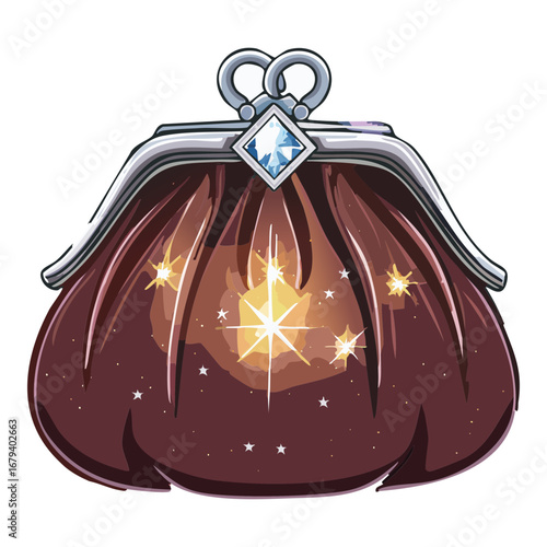 Purple bag with a glowing lock, a valuable item for a magical quest and fantasy adventure Game