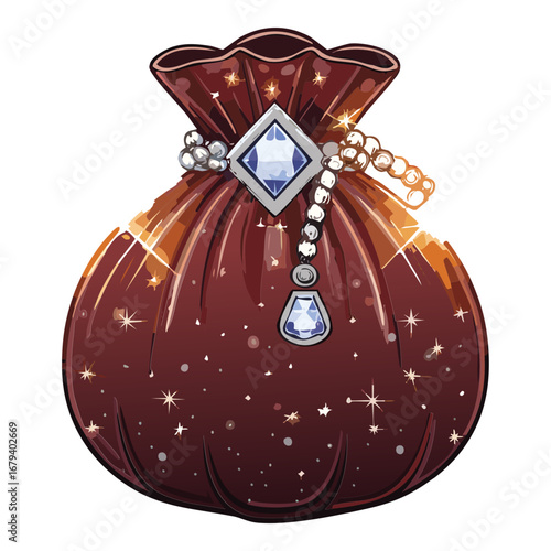 Brown loot bag with a chain and a crystal, a valuable treasure item for a dungeon crawler adventure Game