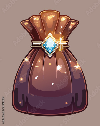 Drawstring bag with a glowing gemstone, a magical loot container for a fantasy role-playing Game