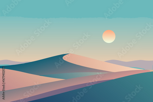 Minimalist desert landscape with rolling sand dunes under a soft gradient sky and a warm sun