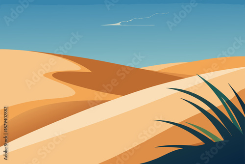 Stylized desert landscape with rolling sand dunes under a clear blue sky with a wispy cloud and foreground grass
