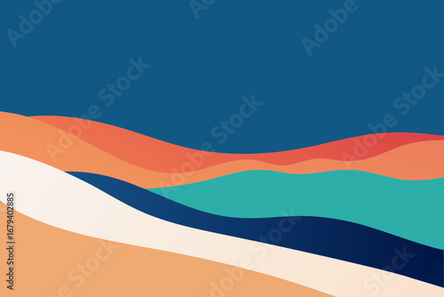 Abstract landscape with flowing waves of color in warm orange teal and deep blue against a dark blue sky