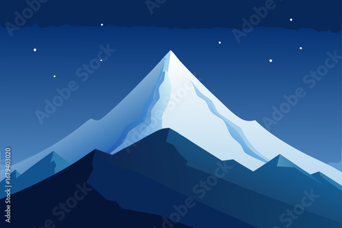 Majestic snow capped mountain peak illuminated under a starry night sky in a minimalist flat design style