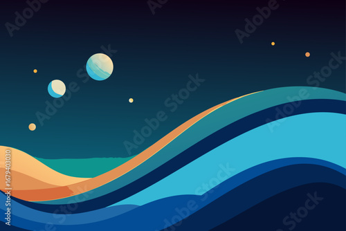 Abstract cosmic landscape with flowing waves and celestial bodies in a dark blue night sky