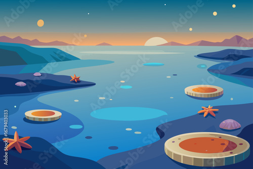 Alien planet landscape with strange flora and a serene blue ocean under a twilight sky