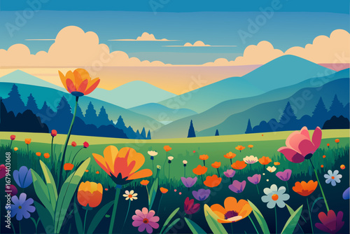 Vibrant wildflower meadow with rolling hills and a colorful sunset sky in a flat design style