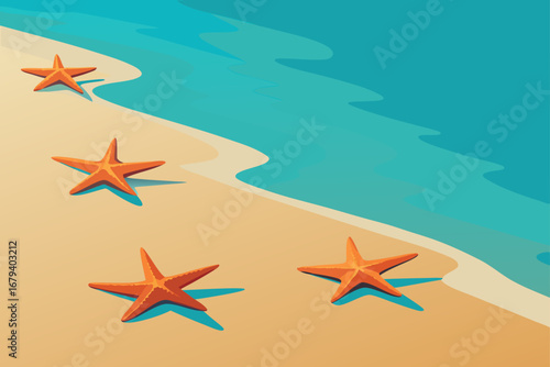 Four orange starfish resting on a sandy beach with gentle turquoise waves lapping the shore