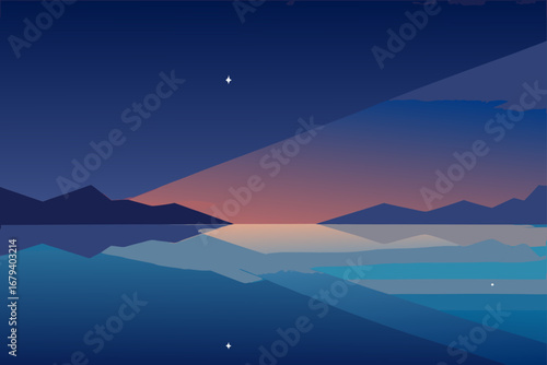 Serene minimalist landscape with mountains reflecting in a calm lake under a twilight sky with stars