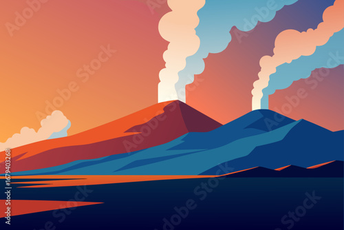Stylized illustration of two volcanoes erupting with smoke plumes against a vibrant sunset sky