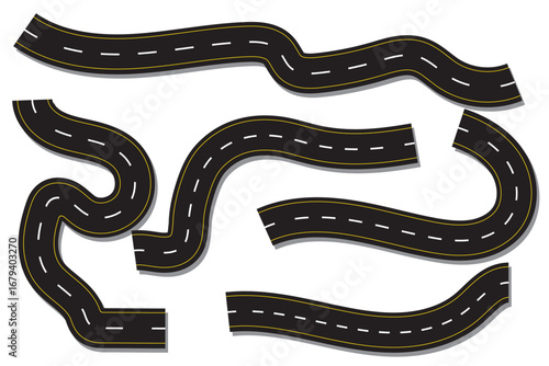 Wavy winding curves roads and horizontal path set . Horizontal asphalt road template. eps 10