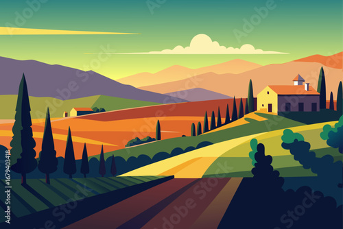 Stylized tuscan landscape with rolling hills cypress trees and a farmhouse at sunset