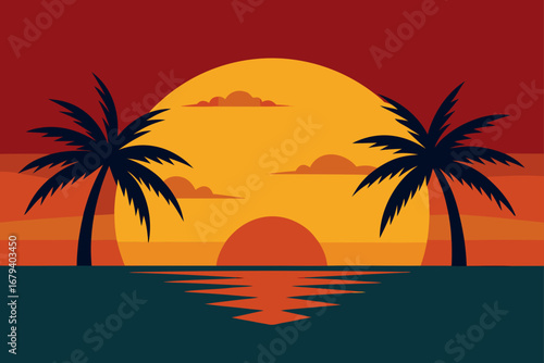 Vibrant sunset over the ocean with silhouetted palm trees and reflection