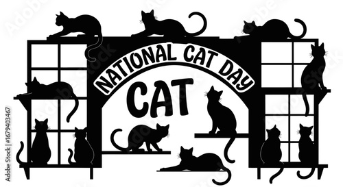 Vector art of national cat day celebration with silhouette cats on windows