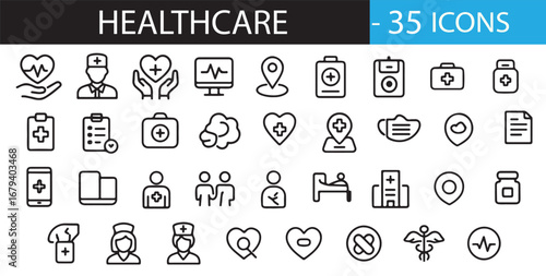 Minimalist Healthcare Icon Set – 30 Line Art Symbols for Medical Services, Wellness, Treatment, Diagnosis, Hospital Care, and Health Support – Scalable Vector Pack for Commercial Use