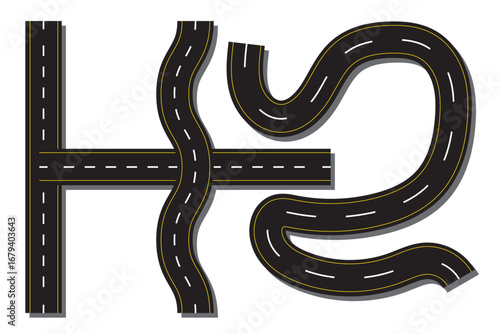 Wavy winding curves roads and horizontal path set . Horizontal asphalt road template. eps 10