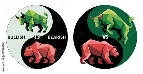 Yin yang bull vs bear trading conceptual vector illustration of market cycles