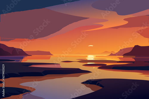 Vibrant sunset over a calm lake with reflections of mountains and colorful clouds in a minimalist style