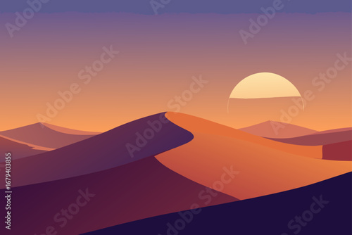 Stylized desert landscape at sunset with rolling sand dunes and a large sun low on the horizon